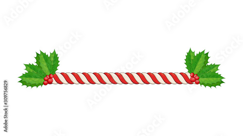Candy Cane Line Border Divider For Christmas Design. xmas twisted peppermint cane with holly berry vector illustration