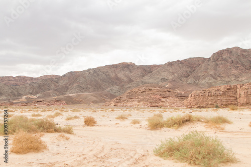 Desert, red mountains, rocks and cloudy sky. Egypt, the Sinai Peninsula.
