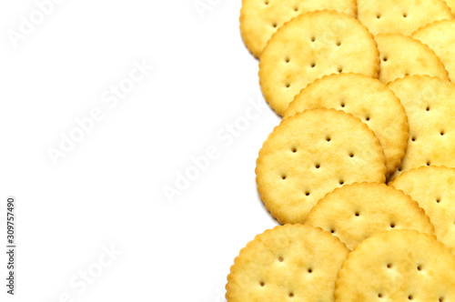 Biscuits cracker circle design. Isolated on white background. Copy space.