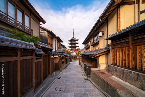 Walkway in Kyoto traditional home and old market with Yasaka Pagoda background