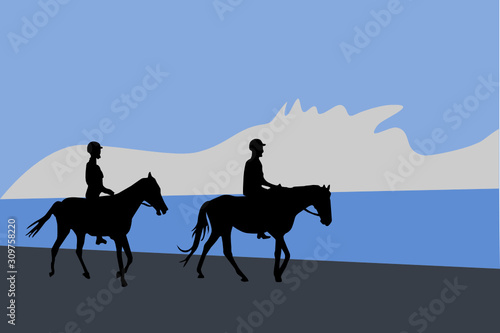 Couple Riding Horses on Beach Silhouette
