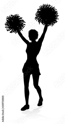 Sports cheerleader in silhouette with pompoms