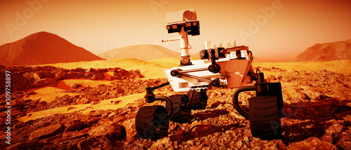 a mars rover explores the red planet (3d rendering)