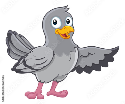 A pigeon dove bird cute cartoon character pointing with its wing