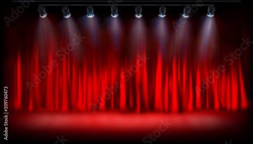 Theater platform with red curtain. Show on the stage. Spotlights on red background. Vector illustration.