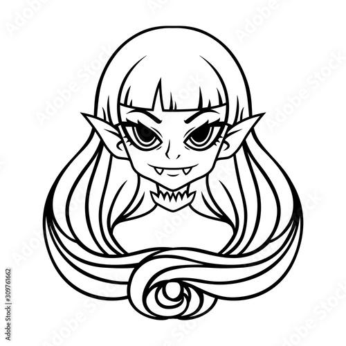 Vampire girl portrait. Halloween illustration for posters and stickers . Vector illustration isolated on white background. Outline, black and white drawing.