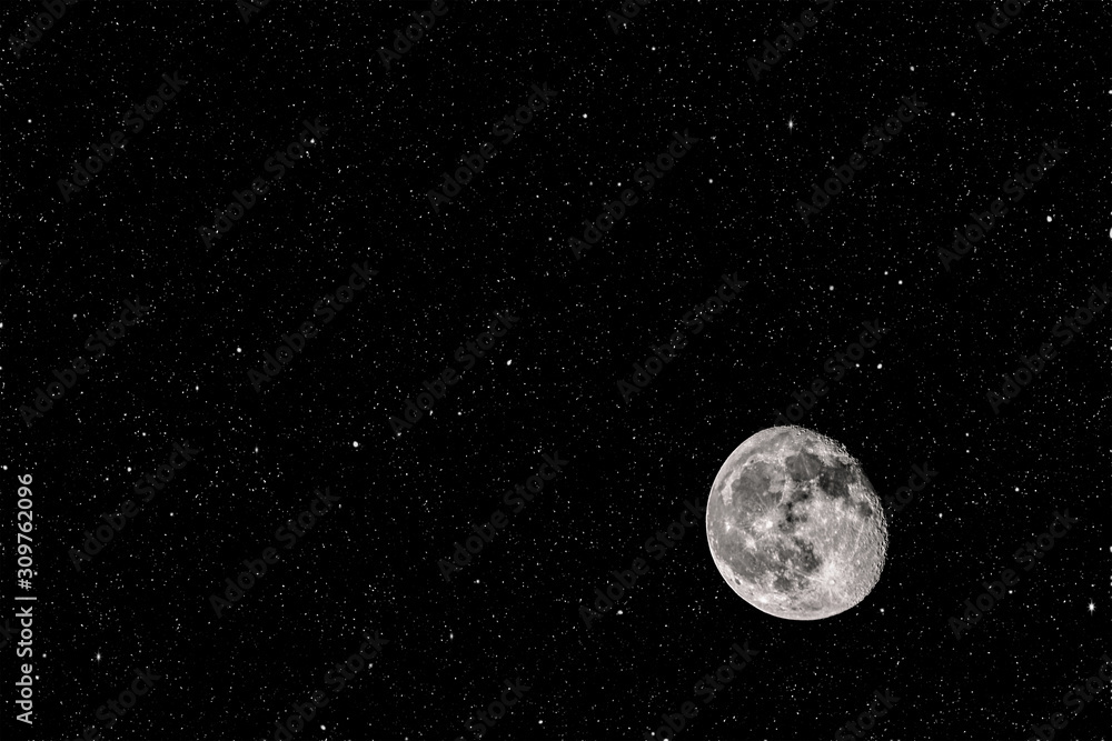 abnehmender Mond erstes Viertel mit Sternenhimmel
