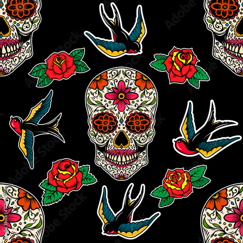 Seamless pattern with mexican sugar skulls, roses and swallows. Design element for poster, card, banner, clothes decoration. Vector illustration