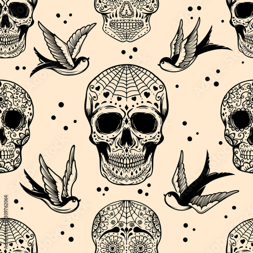 Seamless pattern with mexican sugar skulls and roses. Design element for poster, card, banner, clothes decoration. Vector illustration
