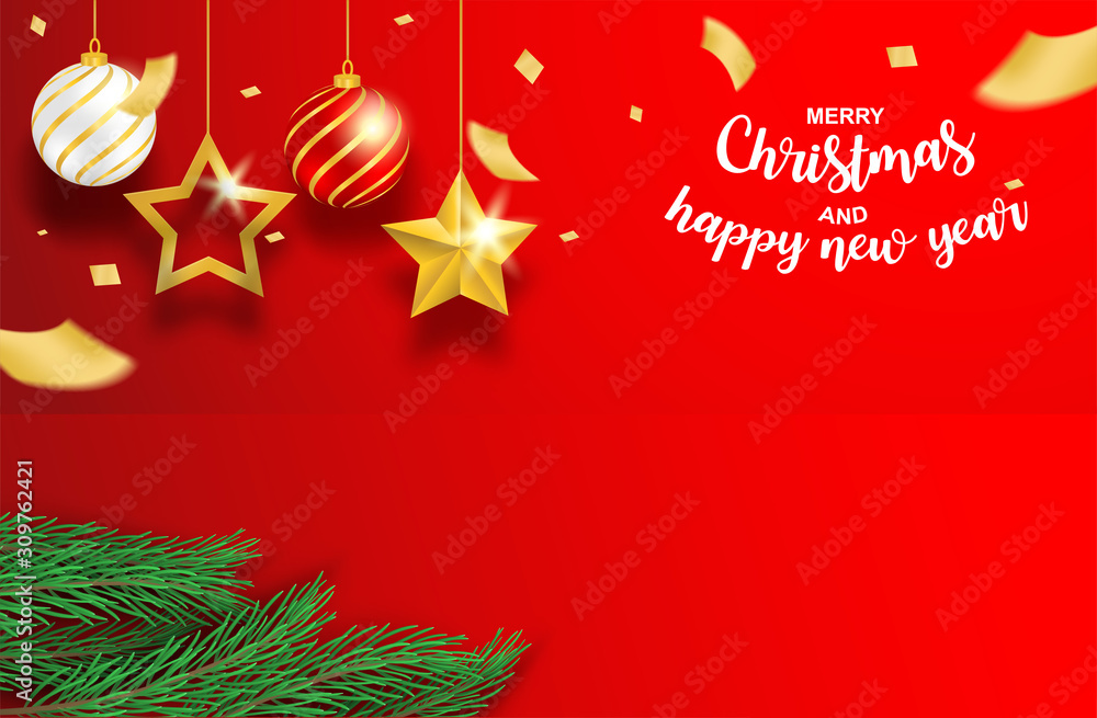 Happy new year and Merry Christmas. Design with christmas tree, star and ball on red background. vector. illustration. Happy new year and Merry Christmas. Design with christmas tree, star and ball on red background. vector. illustration.