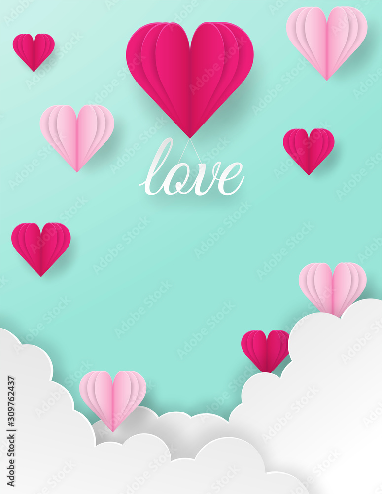 Happy Valentines .design with love text and hearts flying on green pastel  background. paper art style . vector.