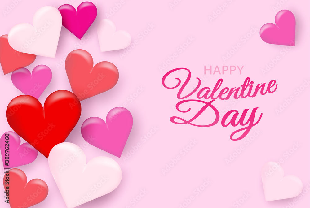 Valentine day background .  Design with heart on pink background, paper art style . Vector.