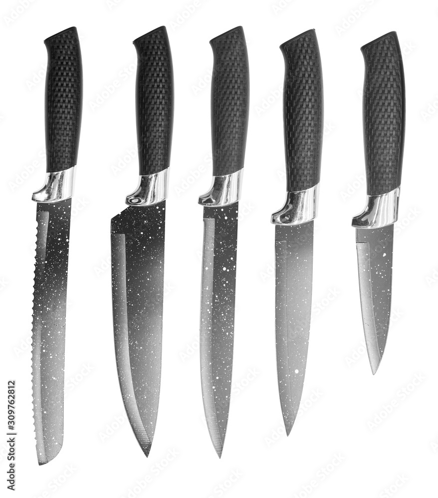 Set of professional black knives and knife isolated on white background. The composition of the chef's knife, bread knife, universal knife, vegetable peeling knife and ceramic knife. Set of professional black knives and knife isolated on white background. The composition of the chef's knife, bread knife, universal knife, vegetable peeling knife and ceramic knife.