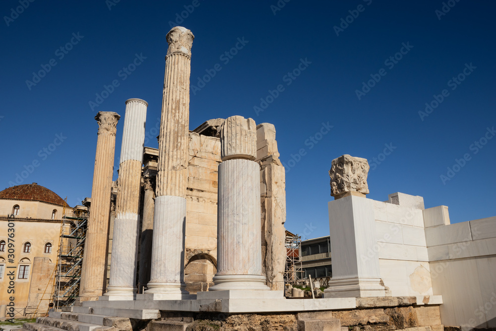 Different parts of ancient Hadrian's Library in Athens Greece