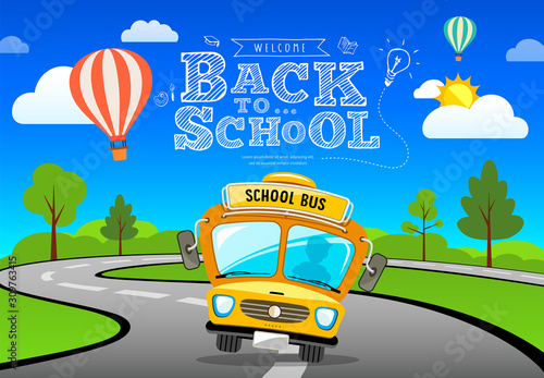 Vector Back to school bus on road and tree concept banner design background, illustration