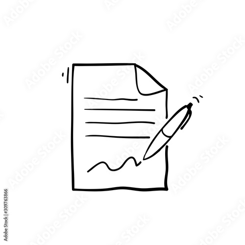 hand drawn process of business financial agreement with pen and contract. Document with a signature illustration vector isolated