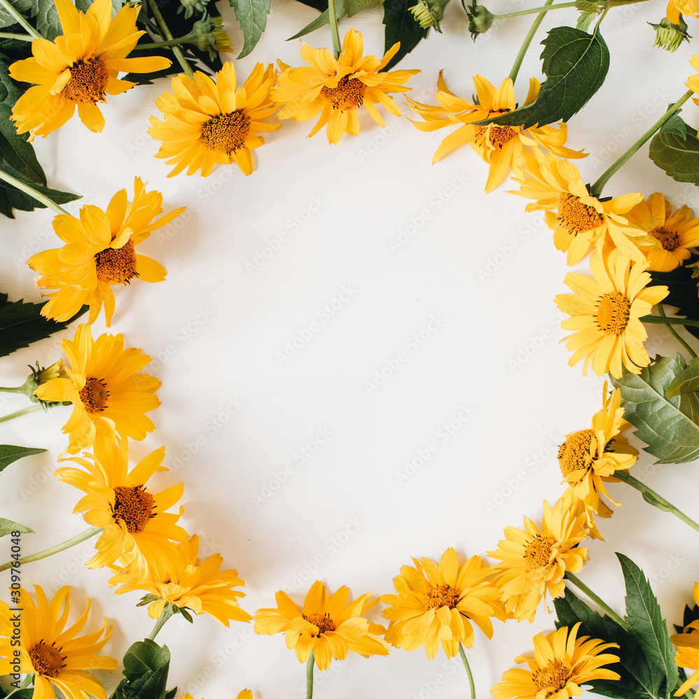 Flat lay frame border with blank copy space mockup made of yellow daisy flowers on white background. Top view floral concept.