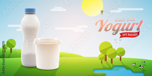 Blank yougurt packaging design on shiny outdoor background with trees and cows, flat techique vector illustration for milk or yogurt product branding or advertising design