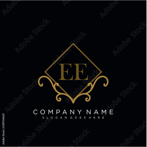 Initial letter EE logo luxury vector mark, gold color elegant classical