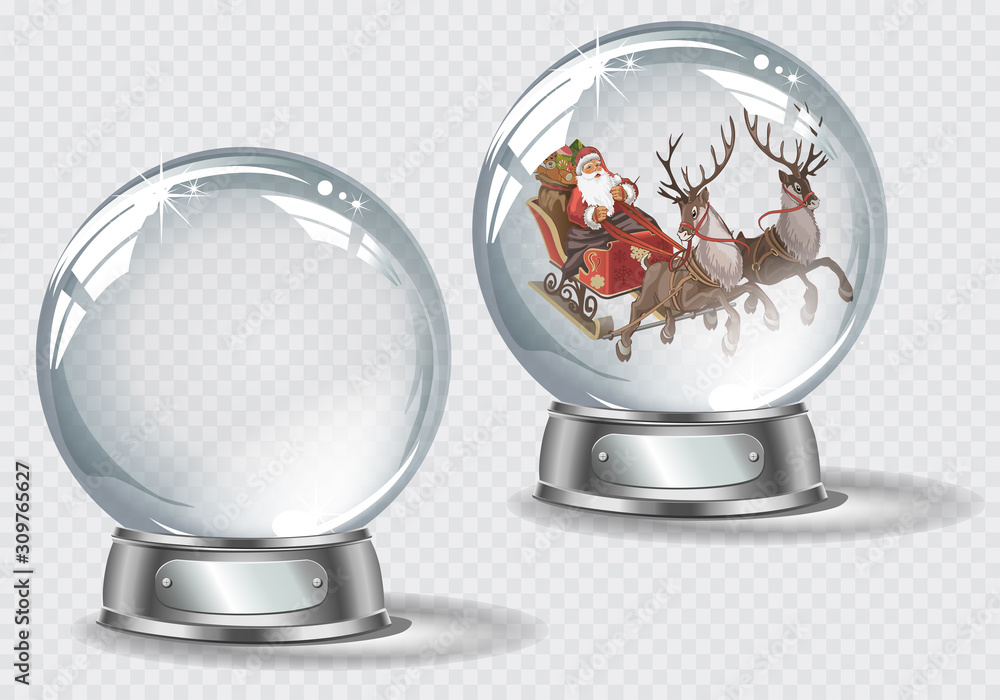 Vector realistic transparent snow globe with snow and Santa driving his
