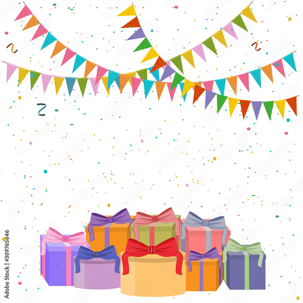 Festive cheerful bright background with flags, confetti and gift boxes.