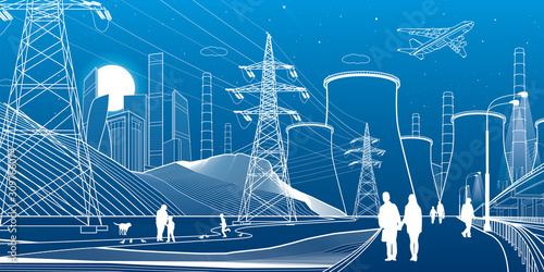 Energy illustration. Thermal power plant. Power line. Illuminated higway. People walking. Car overpass at background. Infrastructure urban scene. Vector design art