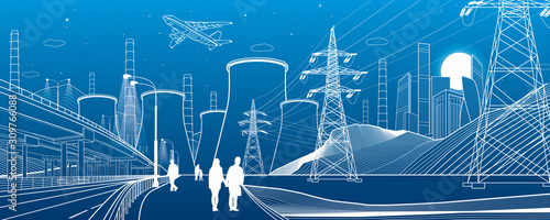 Energy illustration. Thermal power plant. Power line. Illuminated higway. People walking. Car overpass at background. Infrastructure urban scene. Vector design art