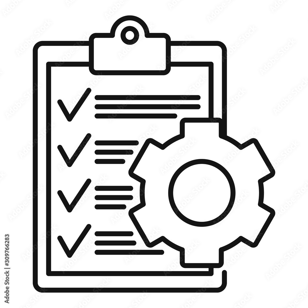 Clipboard gear icon. Outline clipboard gear vector icon for web design isolated on white background Clipboard gear icon. Outline clipboard gear vector icon for web design isolated on white background