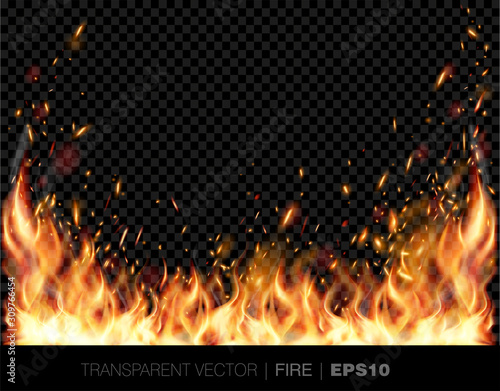 Vector transparent realistic fire flames with sparks  