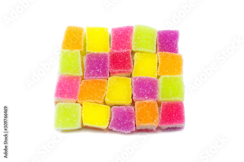Colorful Gelatin jellies candy on white background.