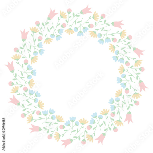 Decorative round floral frame. Wreath of multicolored flowers. Vector EPS10