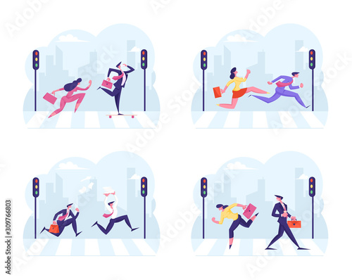 Set of Busy Businesspeople Crossing Pedestrian City Crosswalk. Businessman and Businesswoman Running Fast over Road with Zebra and Traffic Lights Hurry Up at Work. Cartoon Flat Vector Illustration