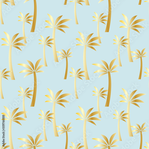 Seamless pattern with golden palm trees on a blue background. Colorful illustration. Vector EPS10.