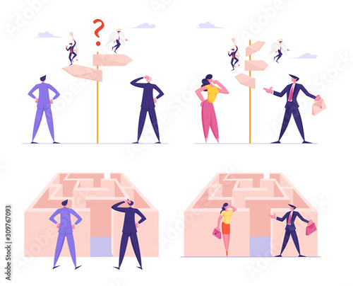 Way Choosing, Complicated Decision Concept with Confused Business People Stand at Road Pointer with Angel and Demon and Labyrinth Entrance. Hard and Easy Directions. Cartoon Flat Vector Illustration