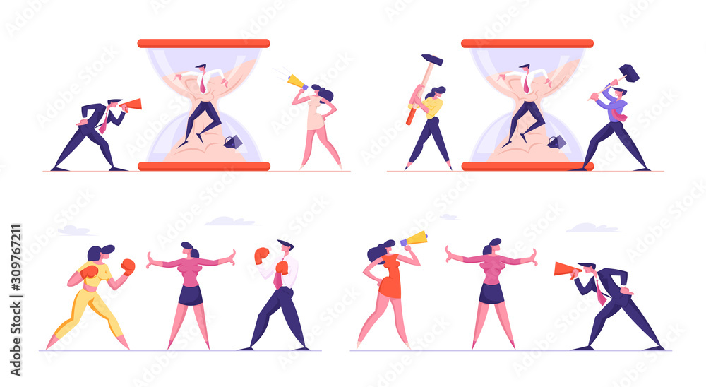 Set of Businesspeople Fighting and Arguing. Troubled Businessman Stuck in Hourglass Sand. Man and Woman Bosses Punching Hammers on Glass. Opponents in Boxing Gloves Cartoon Flat Vector Illustration
