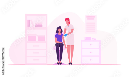 Vaccination Concept. Doctor Injecting Flu Shot Vaccine to Patient Arm. Young Woman Sitting in Medical Cabinet for Applying Drug against Viruses and Disease Prevention Cartoon Flat Vector Illustration