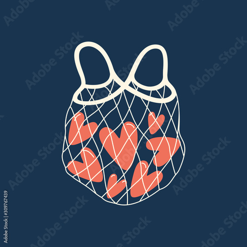 Eco shopping net bag with red hearts on dark blue background. Zero waste, plastic free concept. Valentine's day card. Colored trendy vector illustration. 