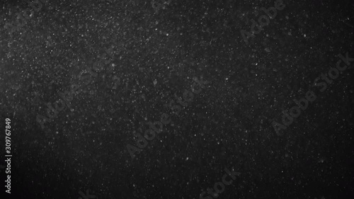 Natural Organic Dust Particles Floating On Black Background. Glittering Sparkling Particles Randomly Spin In The Air With Bokeh. Dynamic Particles With Fast And Slow Motion. Shimmering Dust In Space.
