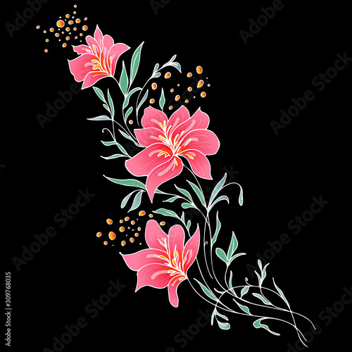Summer tropical flat flower. Floral botanical flower isolated on black background. Hand drawn vector illustration. Botanical hawaii nature. Tropical flat icon. Hawaiian vector tattoo illustration
