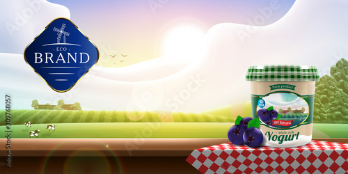 Organic blueberry Yogurt packaging standing on a red napkin ad with logo on shiny farm background, vector banner illustration for farm milk or yogurt product branding or ad design