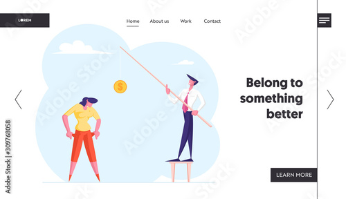 Economical Loan Payback Problem, Bankruptcy Website Landing Page. Office Worker Show Empty Pockets to Businessman Holding Rod with Coin Budget Collapse Web Page Banner Cartoon Flat Vector Illustration