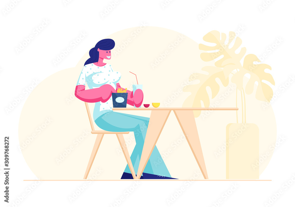 Obraz premium Woman Visiting Fastfood Cafe Concept. Female Character Sit at Table Eating Fried Potato and Drinking Soda Beverage in Fast Food Restaurant on Weekend or Coffee Break Cartoon Flat Vector Illustration