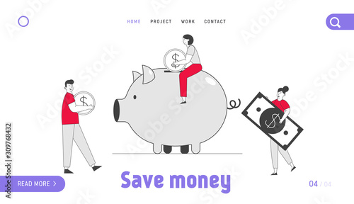 People Saving and Collect Money in Thrift-box Website Landing Page. Man and Woman Put Golden Coin and Dollar Banknote into Piggy Bank, Budget Web Page Banner. Cartoon Flat Vector Illustration Line Art