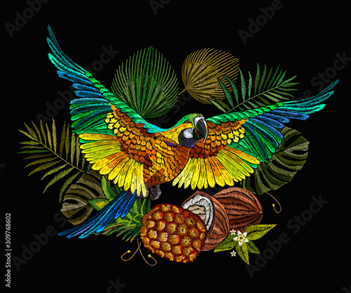 Tropical parrot, coconut and pineapple. Macaws. Jungle paradise art. Fashionable template for design of clothes, textiles