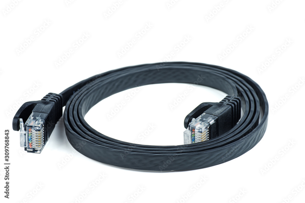 Flat black ethernet (copper, RJ45) patchcord isolated on white background Flat black ethernet (copper, RJ45) patchcord isolated on white background