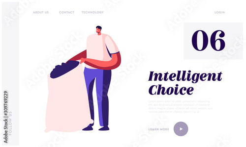Recycling and Reusing Old Tires Industry Website Landing Page. Man Holding Huge Sack Full of Shredded Automobile Tires. Crushed Car Wheel Rubbish Web Page Banner. Cartoon Flat Vector Illustration