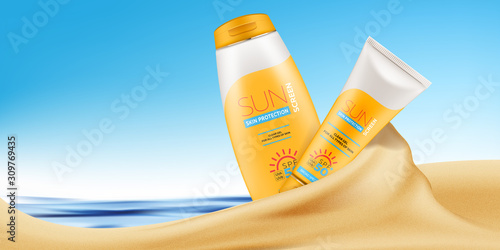 Sunscreen cream realistic tube and bottle with gel or cream for skin protection and UVA/UVB rays blocking in sand on the sea beach. Vector ready for branding, packaging and advertising design. 