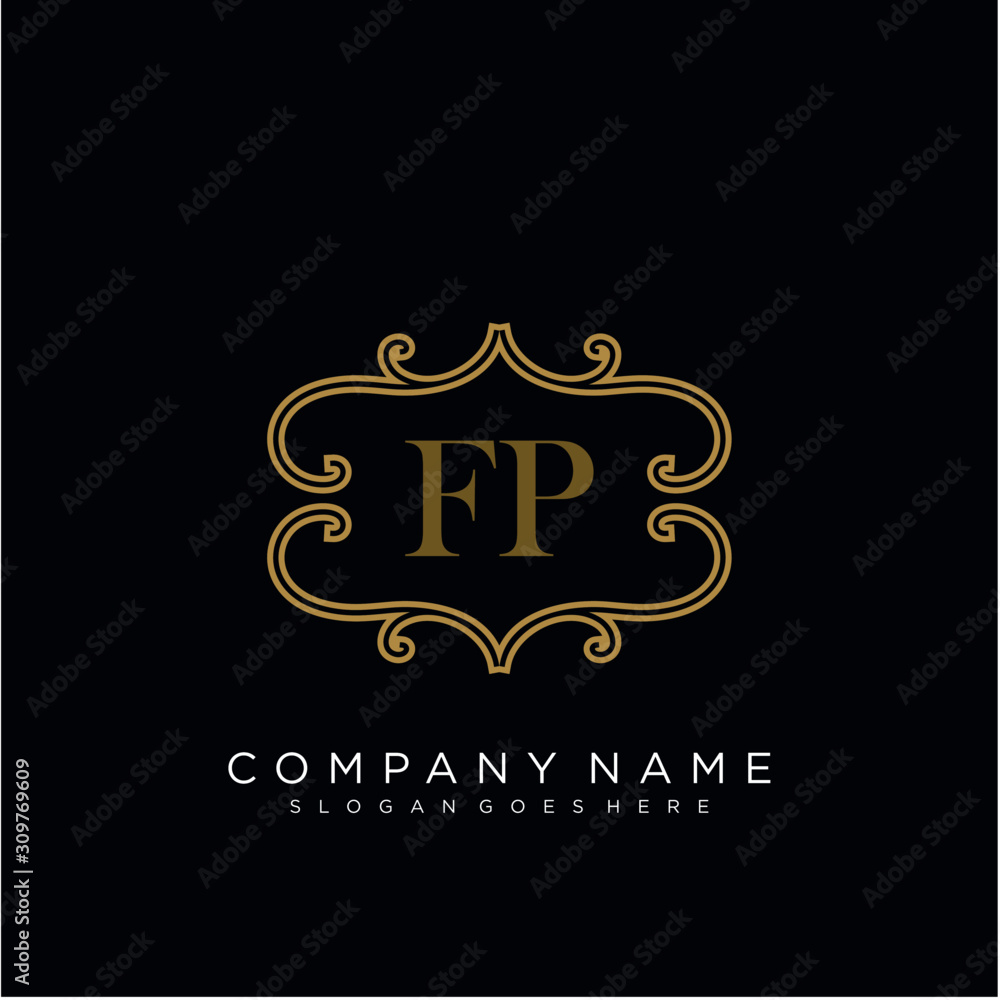 Initial letter FP logo luxury vector mark, gold color elegant classical