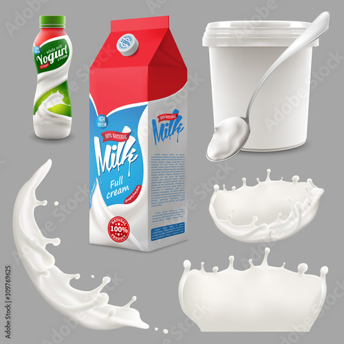 Whole milk, yogurt and cream big splash set, pouring and splashing 3d vector realistic illustration, diary beverage product design elements, packaging, milk carton, bottle