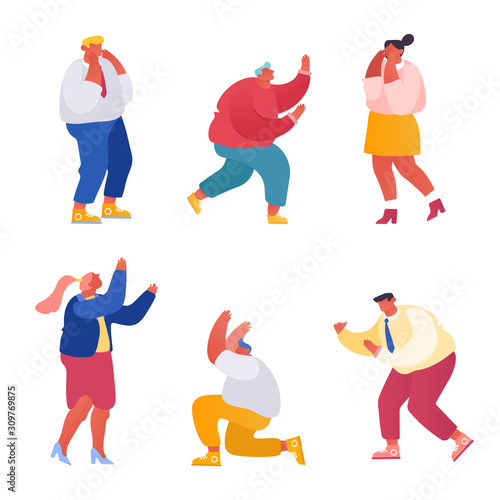 Set of Shocked Businesspeople Feeling Failure and Frustrated with their Work. Stressed Business People Holding Head and Close Mouth Trying not to Cry, Financial Crisis Cartoon Flat Vector Illustration